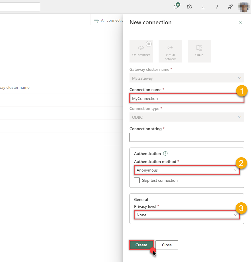 Create new connection in Power BI On-premises data gateway