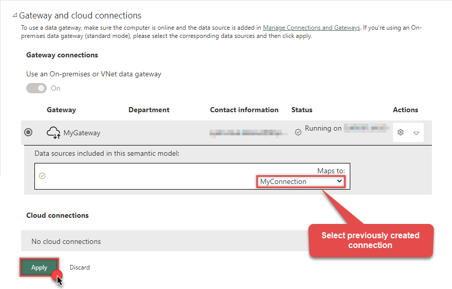 Selecting gateway connection in Power BI semantic model