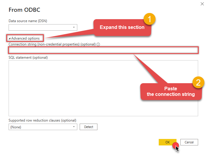 Use full connection string in Power BI Desktop to read API data