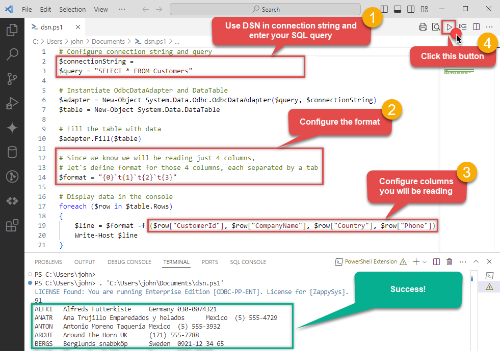 Read API data with PowerShell using ODBC DSN in Visual Code