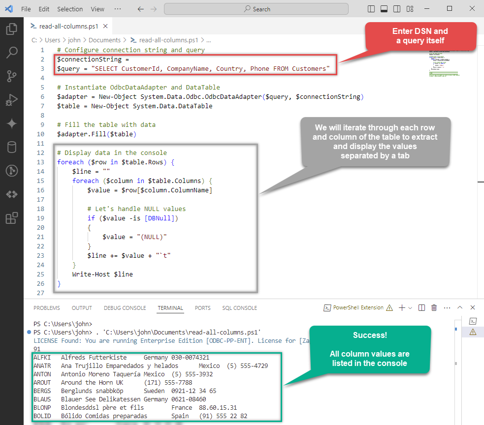 Read all API columns from ODBC data source in PowerShell