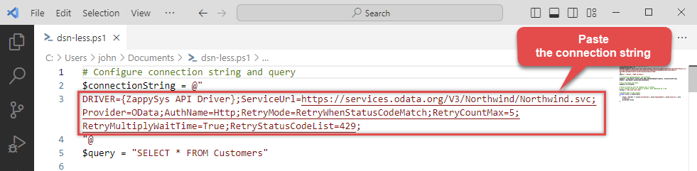 Paste ODBC connection string in PowerShell to read API data