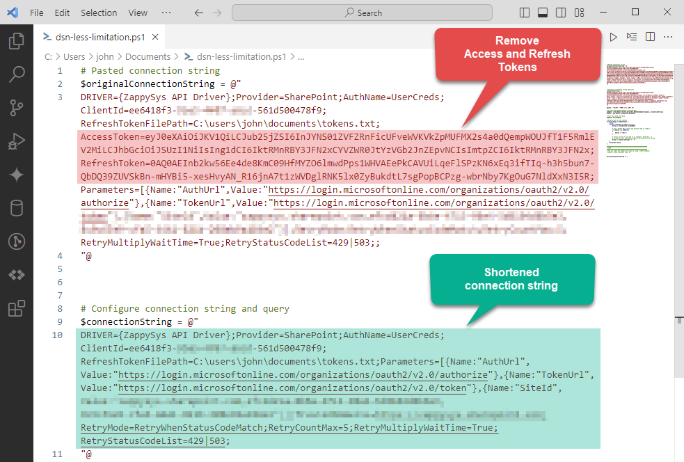 Shorten ODBC connection string to read API data in PowerShell