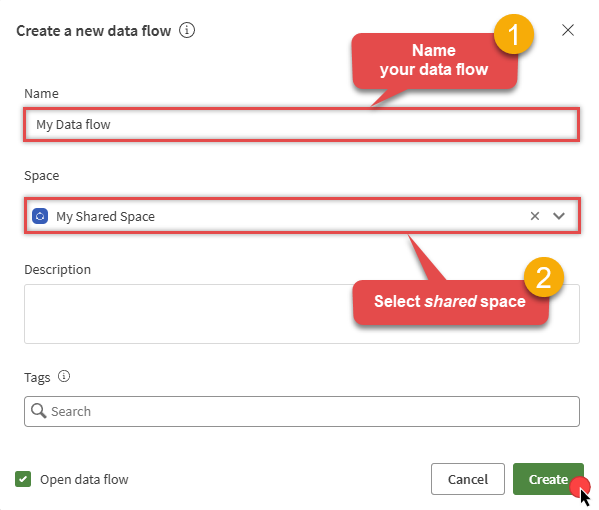 Create data flow in shared space in Qlik Cloud