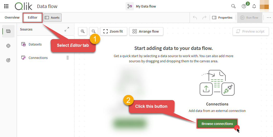 Open connection browser in Qlik data flow editor