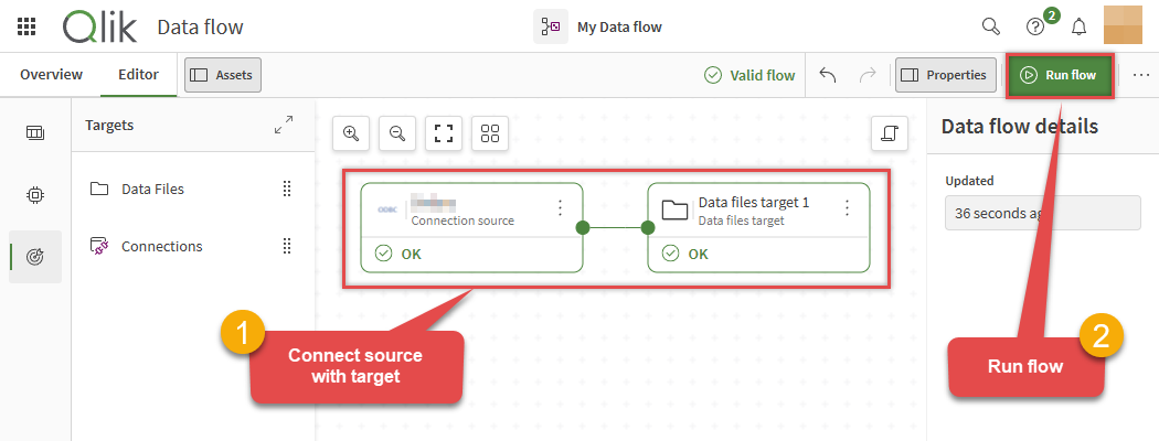 Connect source to destination in Qlik data flow