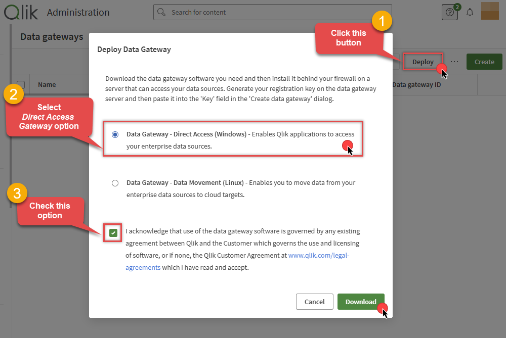 Click Deploy to download Qlik data gateway