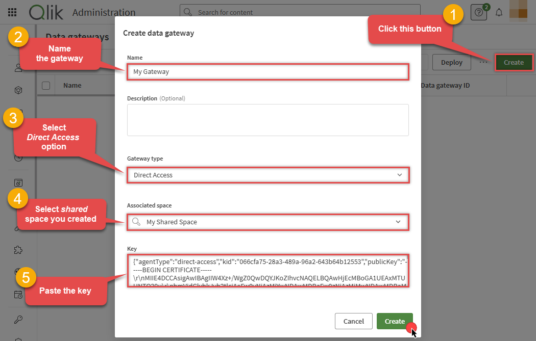 Create Qlik data gateway and set key in tenant portal