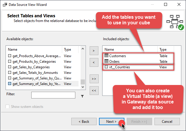 Select tables to read API data in SSAS cube