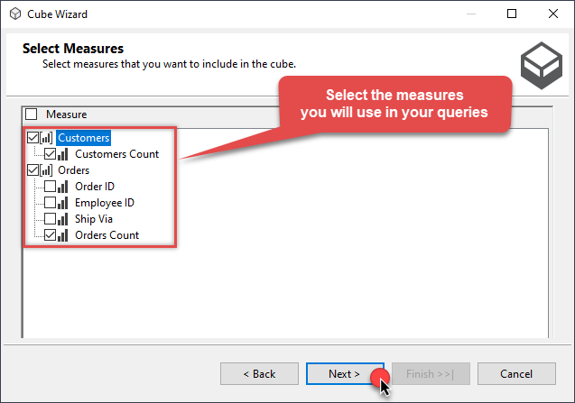 Selecting measures for SSAS cube to read API data