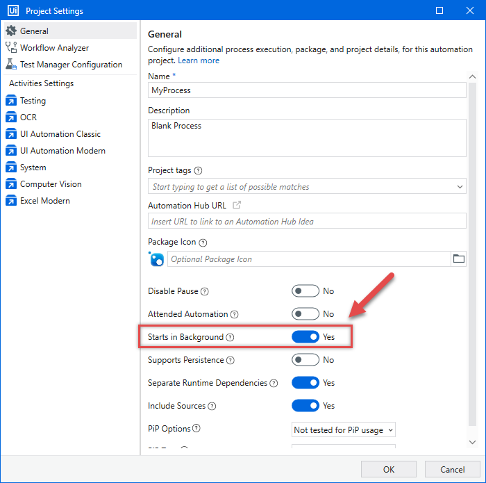 Marking UiPath process package to start in background