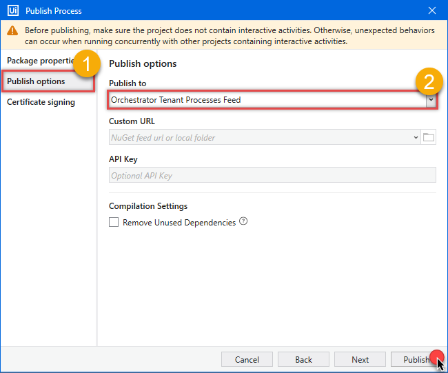 Setting package publishing path in UiPath Studio