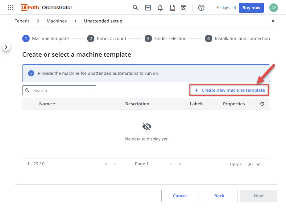 Creating new machine template in UiPath Orchestrator