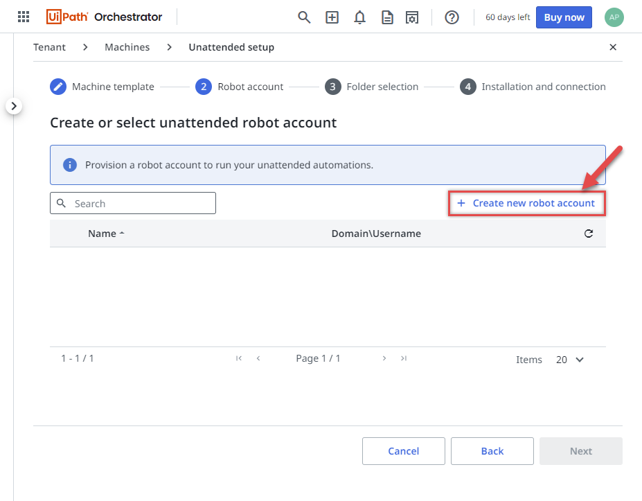 Creating new robot account in UiPath Orchestrator