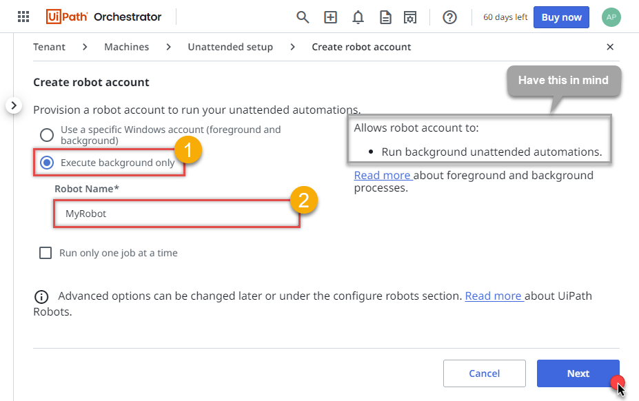 Configuring new robot account in UiPath Orchestrator