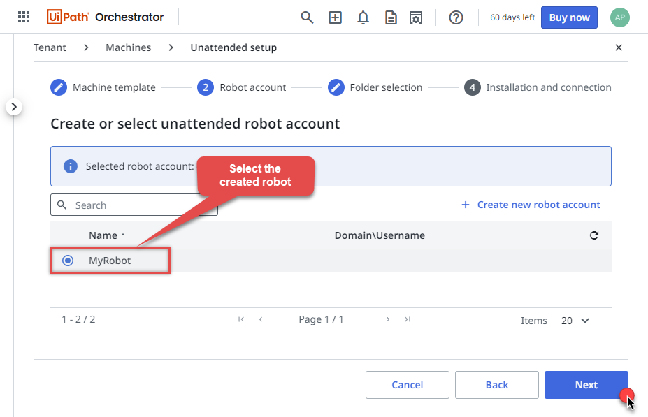 Selecting robot account in UiPath Orchestrator