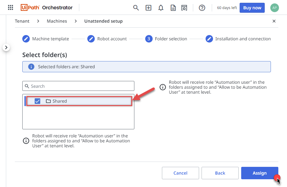 Selecting folder for robot in UiPath Orchestrator