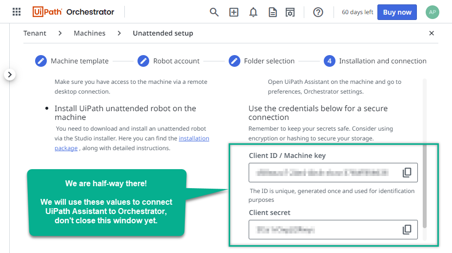 Configuring machine template, Client ID, and Secret in UiPath Orchestrator