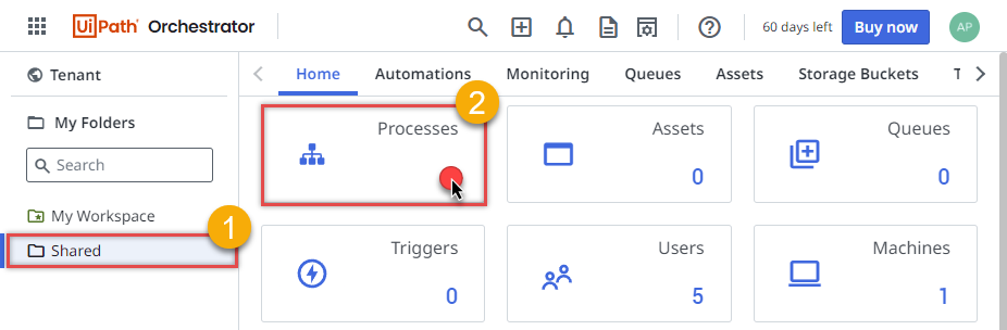 Going to Processes to create UiPath process