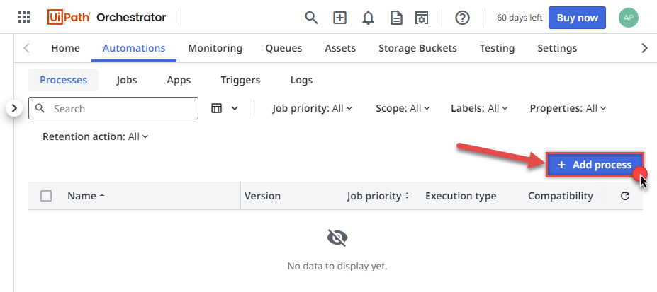 Creating UiPath process in UiPath Orchestrator