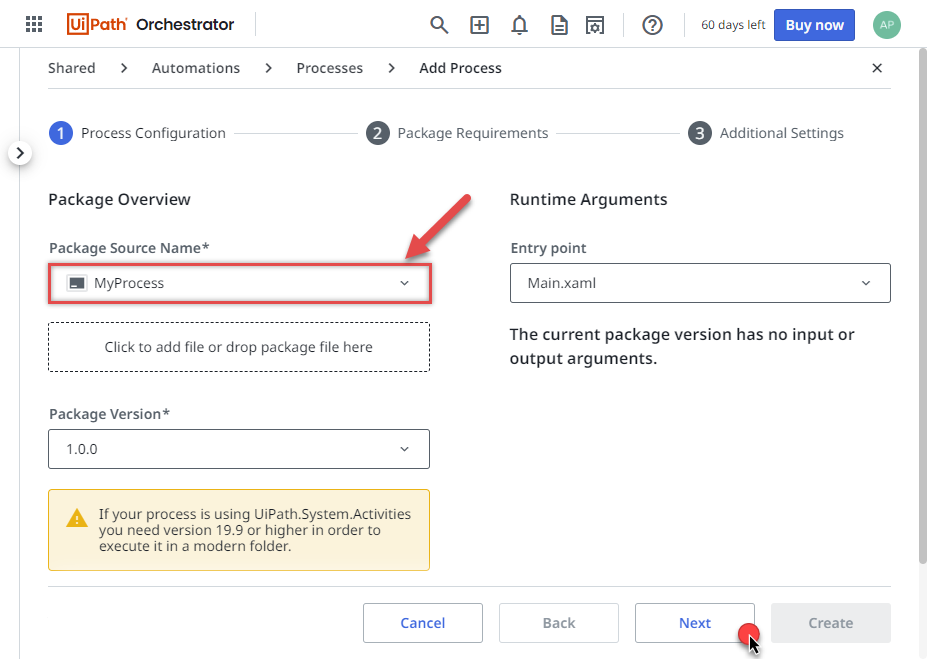 Selecting UiPath package in UiPathp process