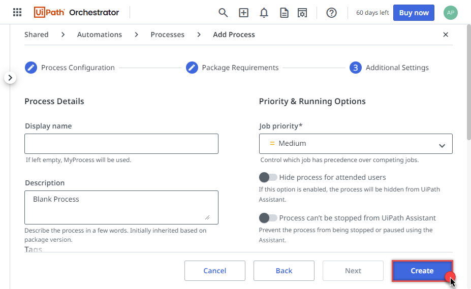 Naming UiPath process and setting priority