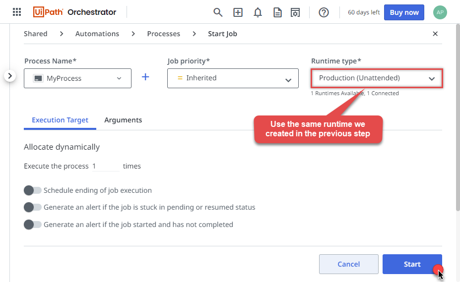 Starting UiPath job