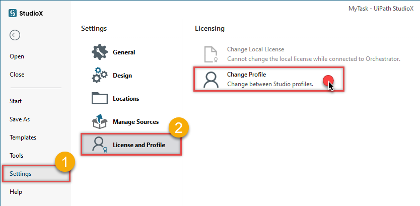 Choosing UiPath Studio profile