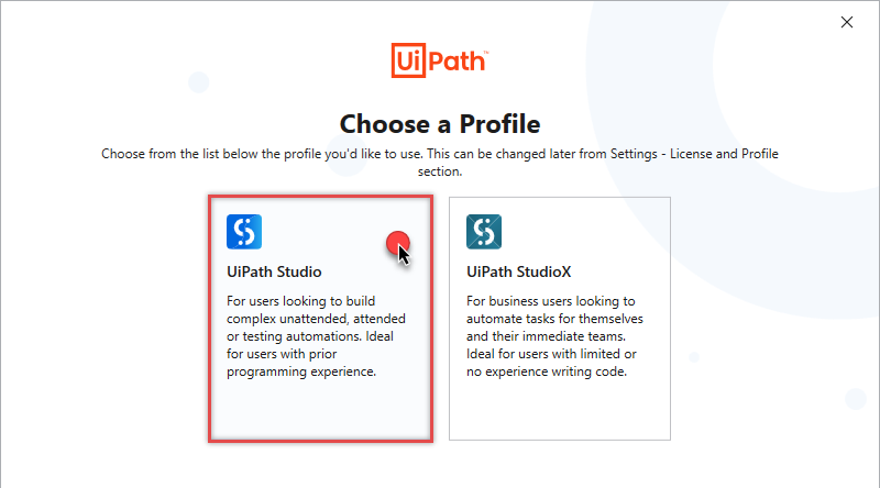 Choosing UiPath Studio profile