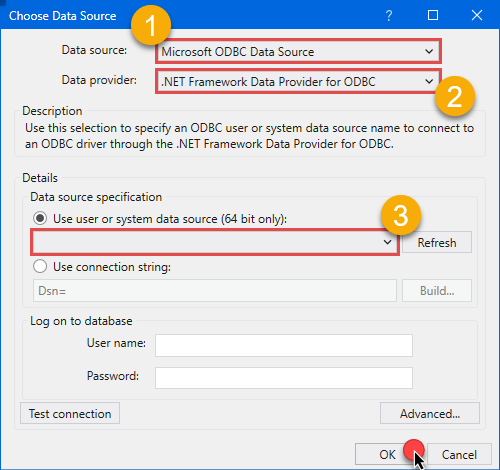 Choosing ODBC DSN in UiPath Studio connection wizard