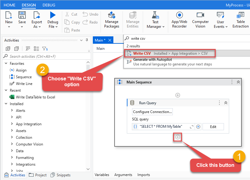 Adding Write CSV activity to write ODBC data in UiPath