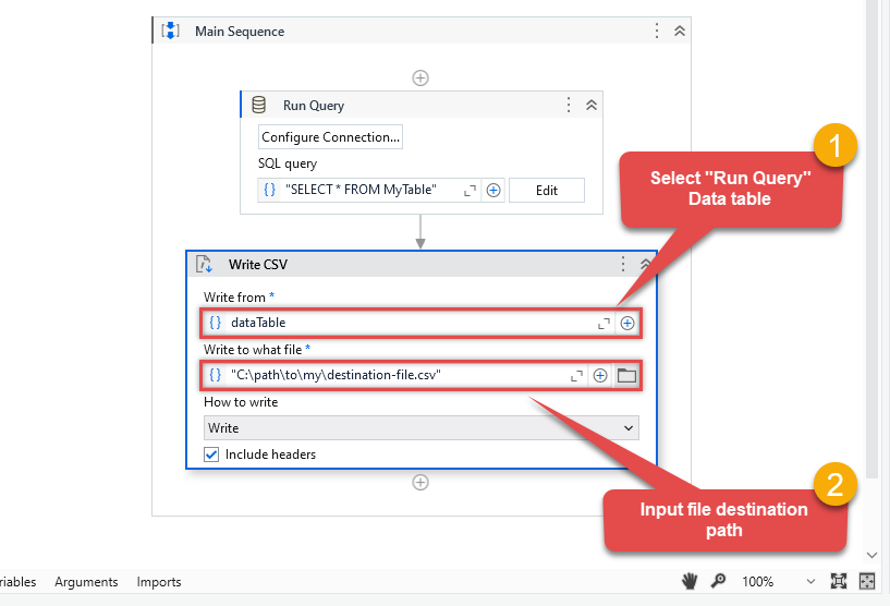 Configuring Write CSV activity to write ODBC data in UiPath