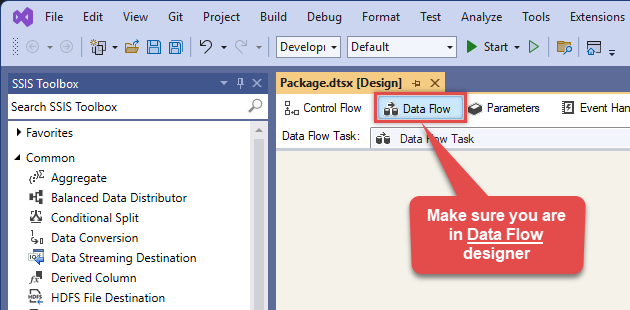 Make sure you are in Data Flow designer in SSIS package