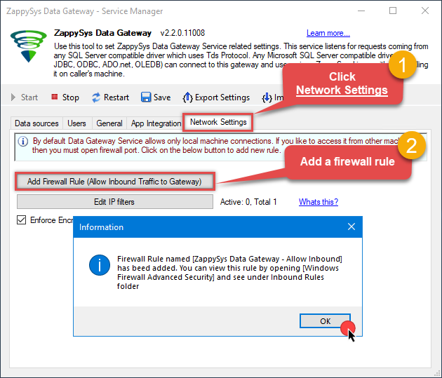 Data Gateway - Add firewall rule for inbound connections