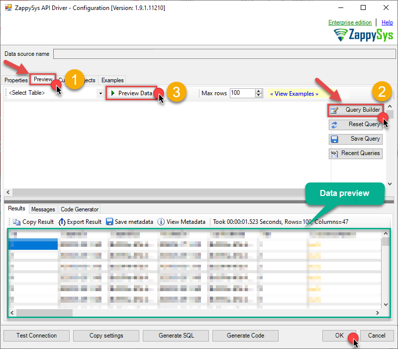 API ODBC Driver-based data source data preview
