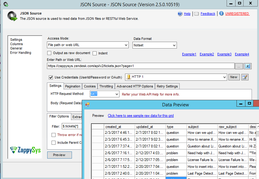 SSIS JSON Source - Data Preview - Zendesk REST API Call to extract tickets
