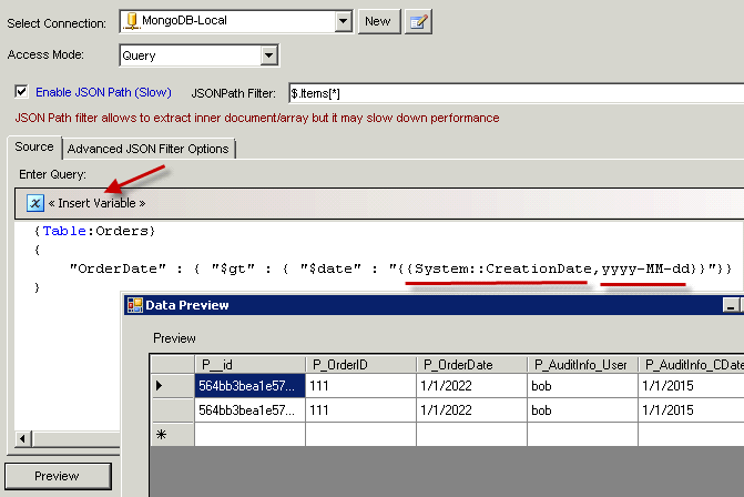Dynamic MongoDB Query - Use SSIS variable placeholder