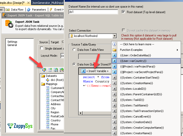 SSIS Export JSON Task - Using Variable for Dynamic SQL