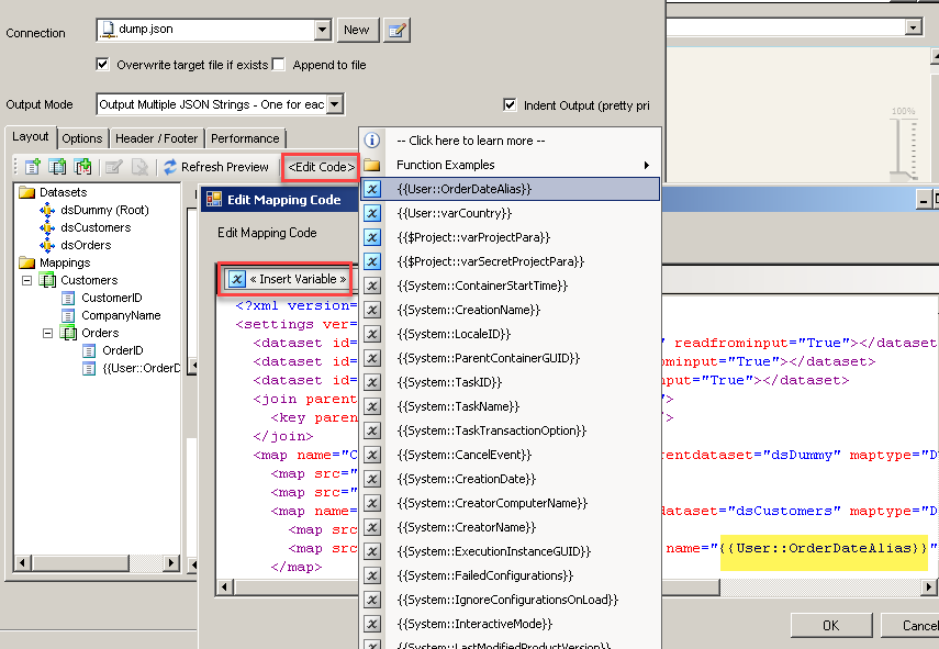 SSIS JSON File Destination - Using SSIS Variable for Dynamic Layout