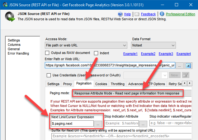 Getting page data from Facebook and paginating through the results using SSIS