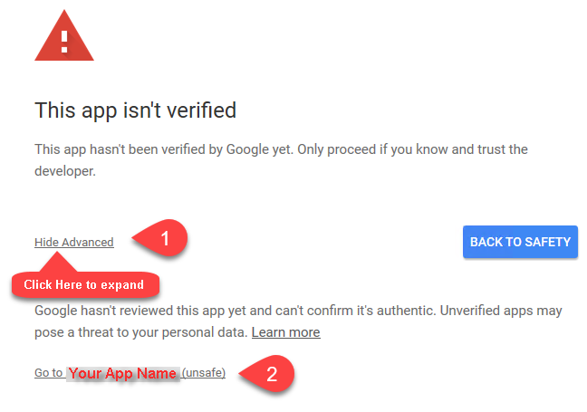 How to ignore Google Unsafe App Warning (OAuth Flow)