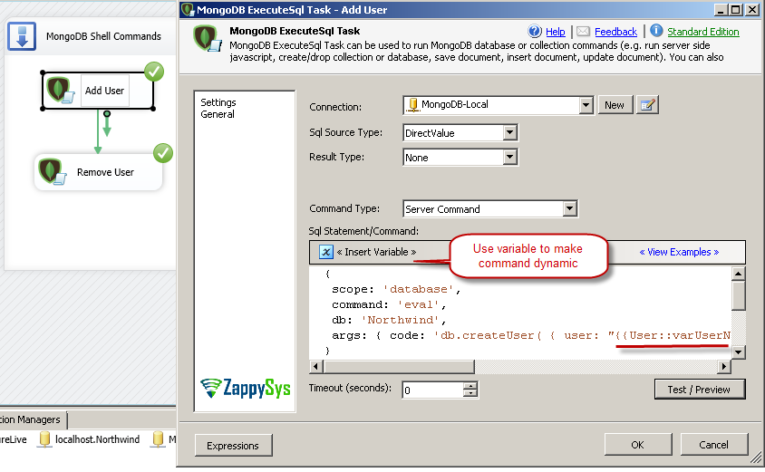 Calling MongoDB Shell command in SSIS (Example- Add/Remove Users)