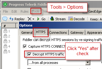 Fiddler Option - Decrypt HTTPS Traffic