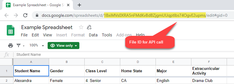 Get Google Drive File ID for API call (Sheet ID)
