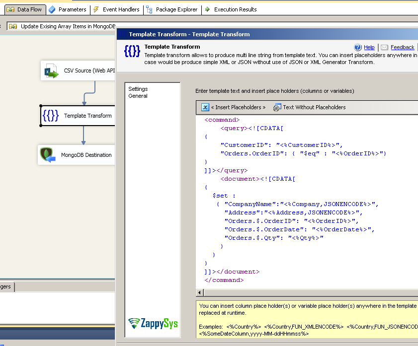 Using ZS Template Transform to specify custom JOIN condition for MongoDB Update (Array Items)