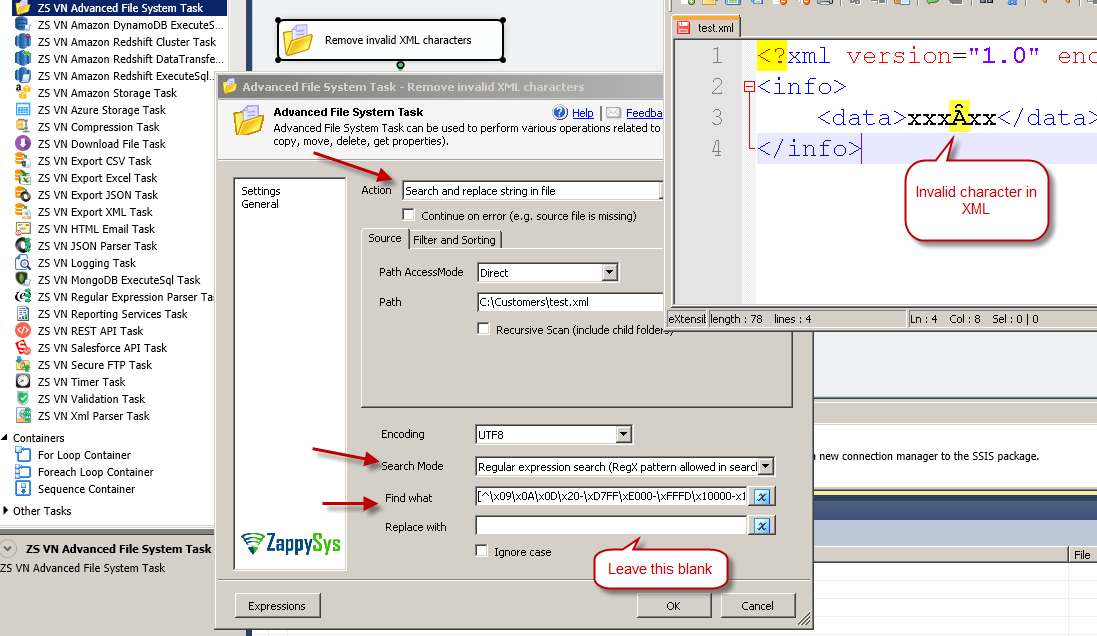 How to remove invalid characters from XML using SSIS and Regex