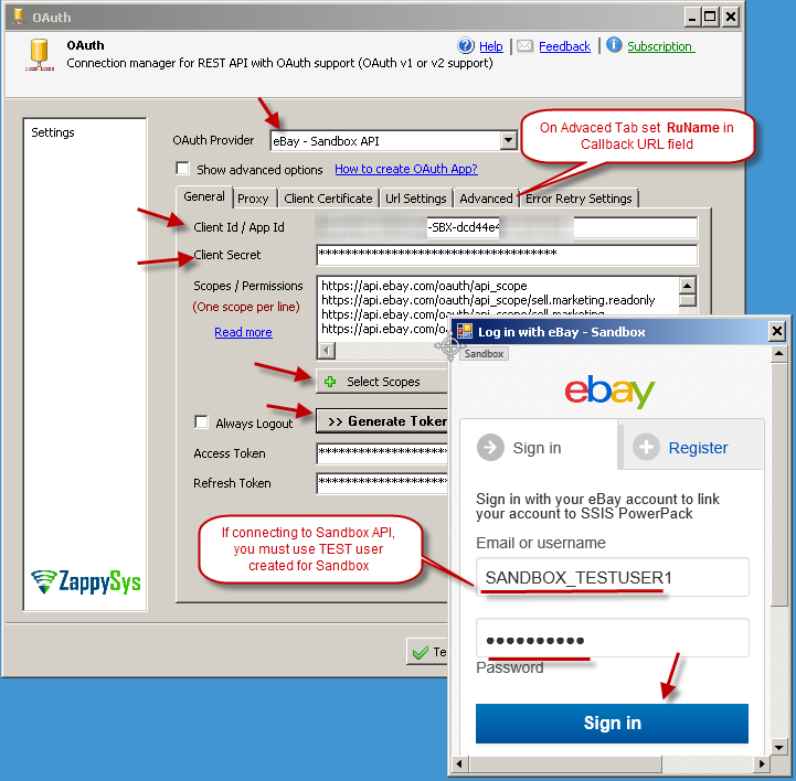 SSIS OAuth Connection Manager - Connect to eBay Sandbox API