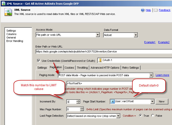 SSIS XML Source - Configure Pagination for Google DoubleClick API data fetch - Set Pagination Mode