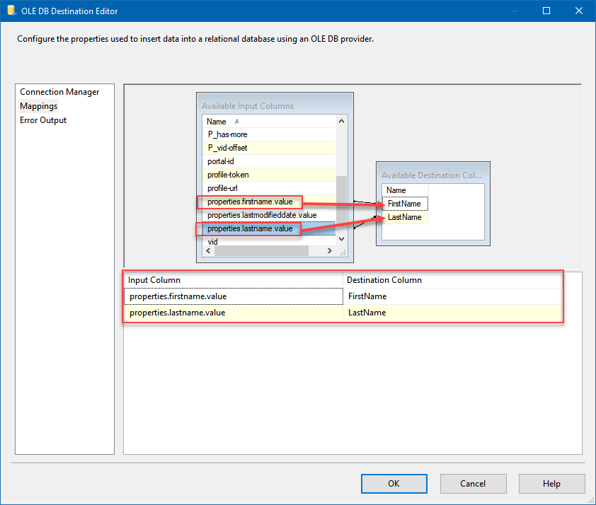 Map JSON Source SSIS component columns with destination table columns you will store HubSpot data in
