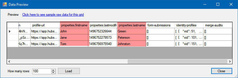 JSON Source SSIS component data preview of HubSpot API call result
